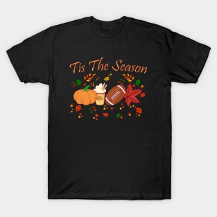 Tis The Season Pumpkin Leaf Latte Fall Thanksgiving Football T-Shirt